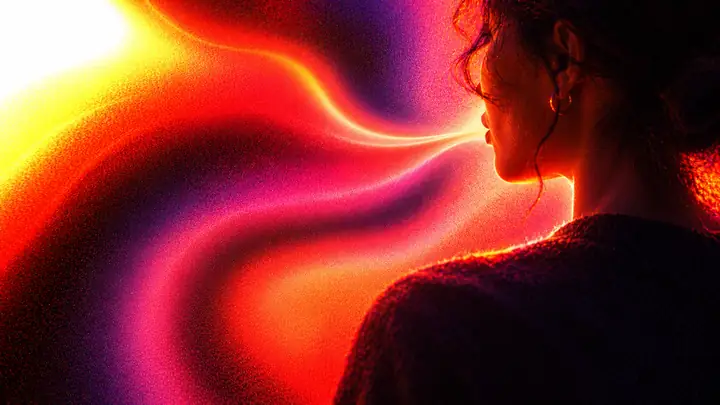 Bright orange, pink and purple fluid light for a language tutoring voice.