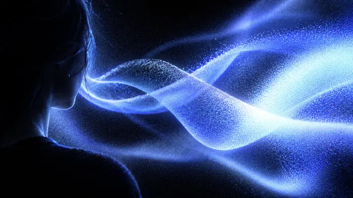 Cool blue and white abstract ribbons on black, representing fictional game dialogue.