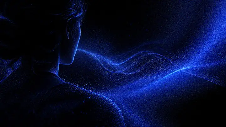 Deep blue abstract light curving across a dark field for a podcast introduction.