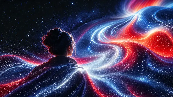 Silver, blue and red flowing light against a starry black field for news narration.